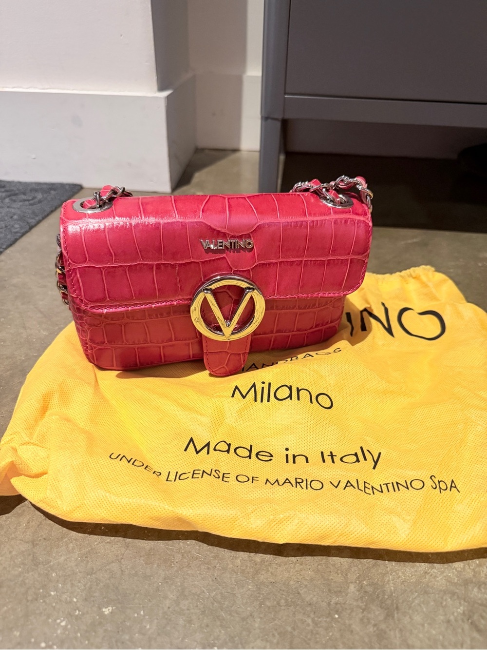 Valentino Hot Pink Croc-Embossed Chain Shoulder Bag